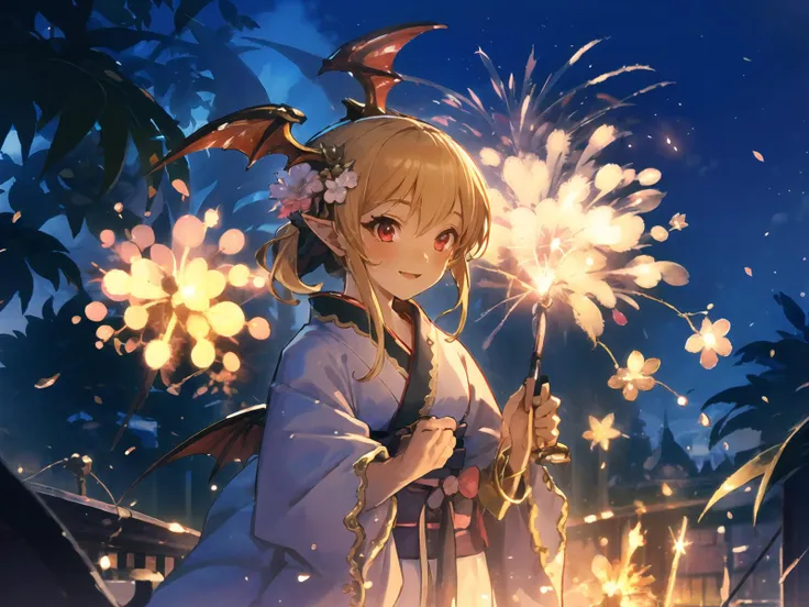 anime girl with a dragon head holding a sparkler in her hand