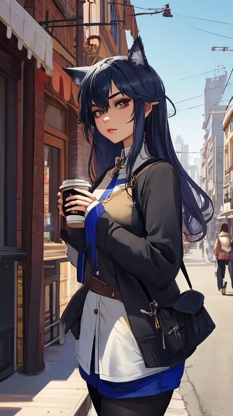 1girl,head,shamare,simple city background,holding coffee cup,Omertosa,cowboy shot,  <lora:Omertosa:1>