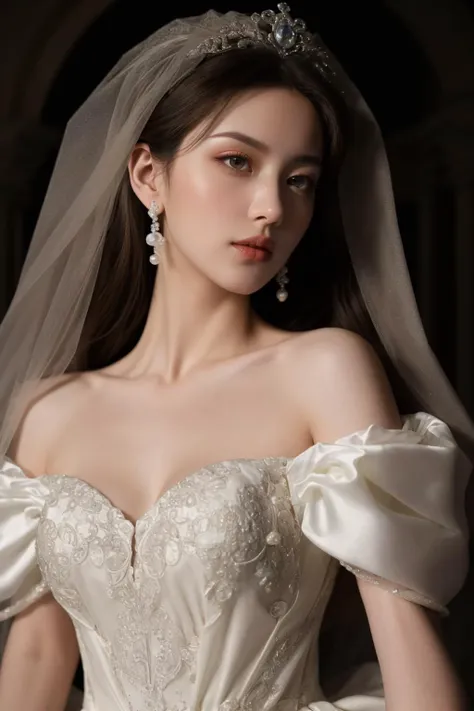 a woman in a wedding dress with a veil and tiable