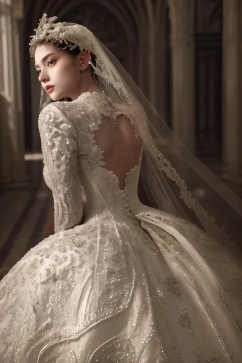 a woman in a wedding dress with a veil and a flower crown