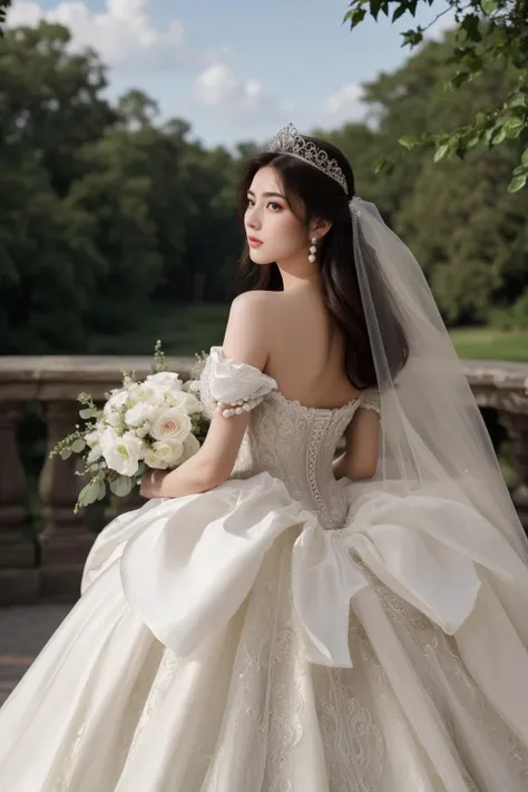 a woman in a wedding dress is standing on a bridge