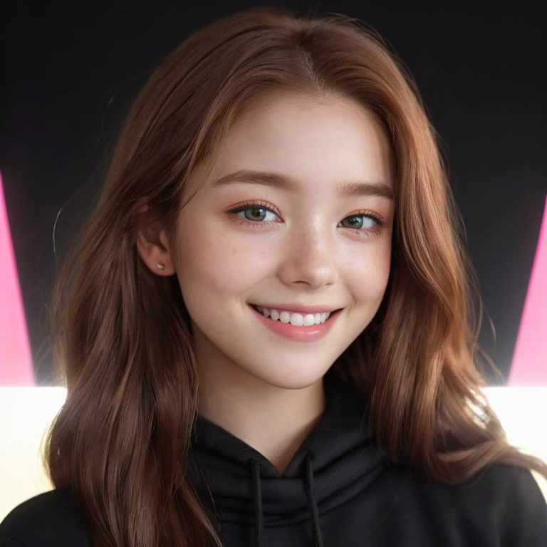 a close up of a young woman with long hair smiling