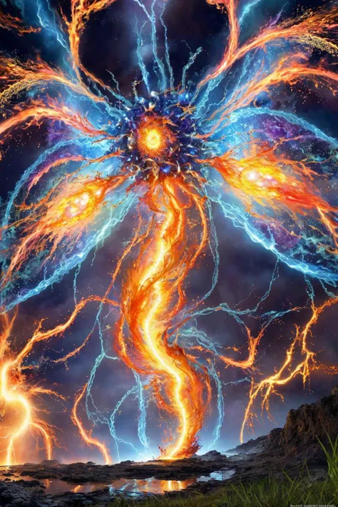 a large fire breathing dragon with bright blue and orange lightnings