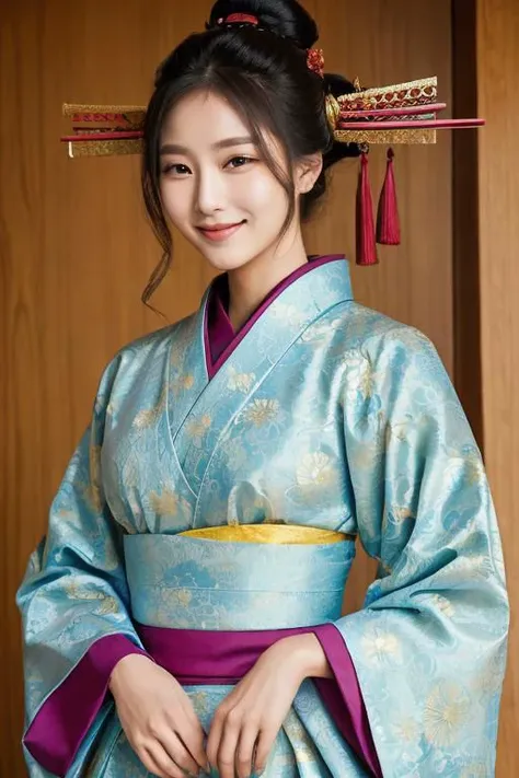 a woman in a blue and purple kimono is posing for a picture