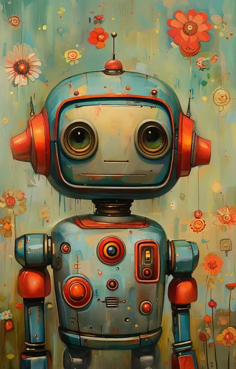 painting of a robot with a flower garden in the background