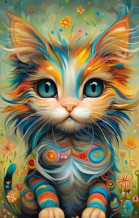 a painting of a cat with colorful eyes sitting in a field