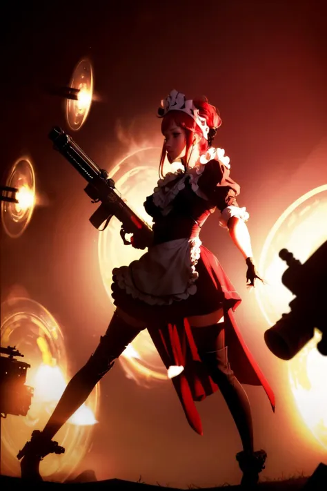 arafed image of a woman in a maid outfit holding a gun