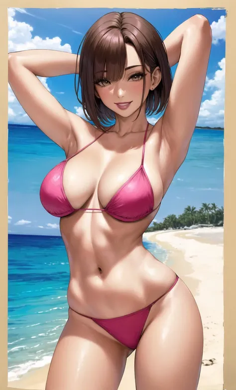 (masterpiece), (ultra-detailed), (best quality:1.2), 1girl beautiful mature+ woman, (solo, arms up, arms behind head, contrapposto, seductive smiling, short hair, brown bob hair with bangs, pink bikini), makeup, lipstick, summertime, sun, beach, detailed f...