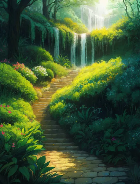 a painting of a waterfall in a forest with a path leading to it