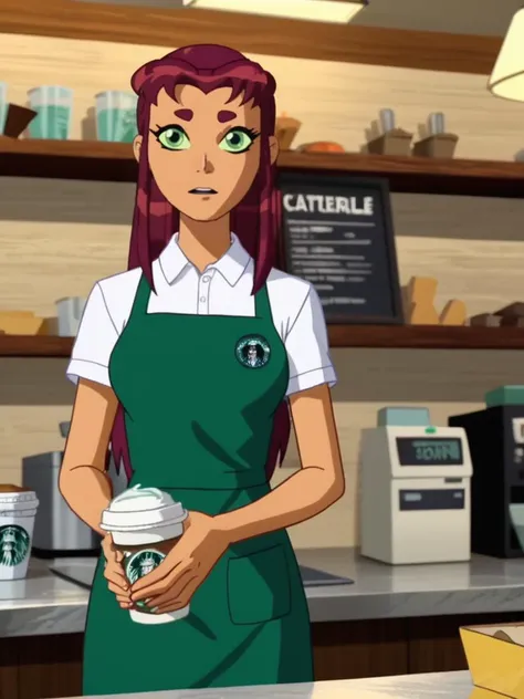 a woman in green apron holding a cup of coffee in a coffee shop