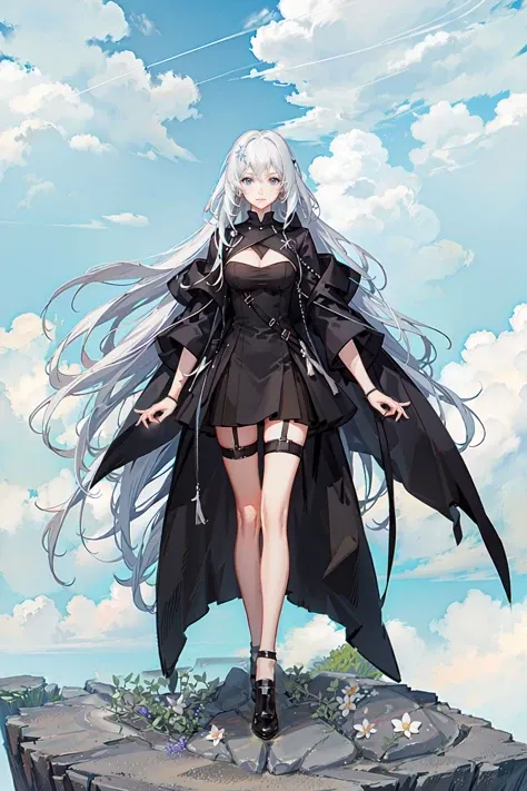 Girl walking in the clouds, (((solo))), sky, white hair, black eyes, masterpiece, sharp, high res, detailed, surrounded by clouds, 4k, best quality, short black dress, thigh high stockings, cleavage, wind trails, fantasy,