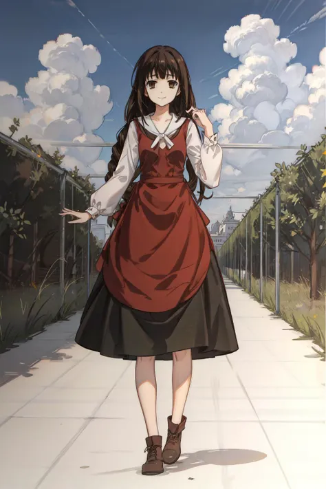 masterpiece, best quality,1girl, solo, long hair, looking at viewer, smile, brown hair, long sleeves, dress, brown eyes, standing,braid, <lora:Almaria-000020:0.6>,blue sky, white cloud, field, <lora:GoodHands-beta2:1>, <lora:add_detail:1>