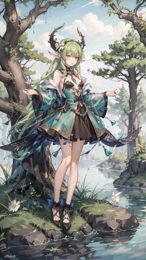 masterpiece, best quality, high detail, high resolution, 1girl, woman, female, (dryad:1.7), tattered scraps of fabric instead of clothes, solitude with nature, (small slime in hands:1.4), perfect body, (huge breasts:1.3), flowers in hair, beautiful nature,...