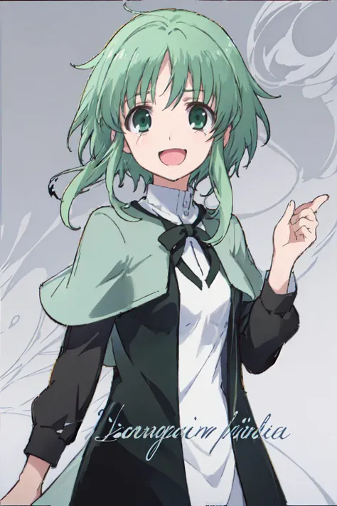 masterpiece,best quality,1girl, solo, looking at viewer, short hair, bangs, long sleeves, dress,<lora:Tiatto-000034:0.6>, green eyes, upper body, sidelocks, green hair,capelet, crying, short hair with long locks,smile,:d, outline,full body, simple backgrou...