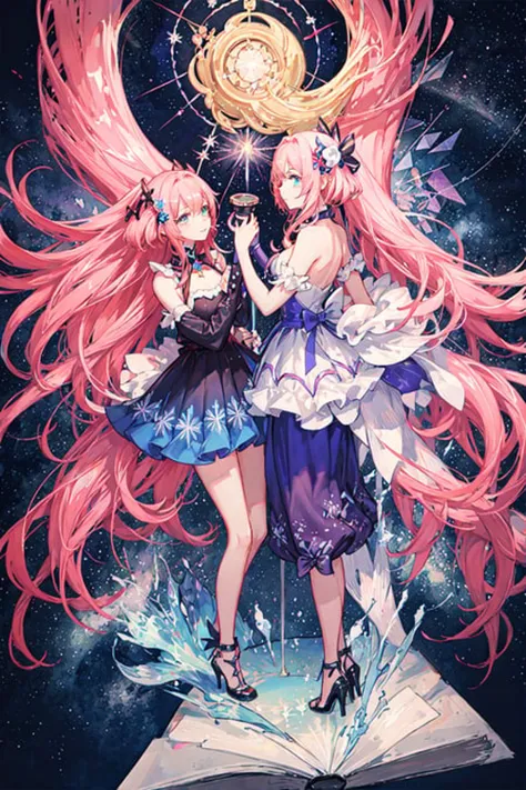 2girls. twins, mirror, science fiction, space style, stand on the spaceship, ((gorgeous starry sky background)), ((ultra-detailed)), ((best illustration)), ((cinematic lighting)), dynamic angle, floating, finely detailed, (glitter:1.2), (sparkle:1.2), (shi...