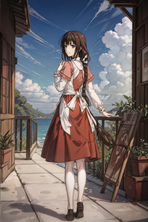 masterpiece, best quality,1girl, solo,brown eyes,  long hair,brown hair, braid, looking at viewer, smile, long sleeves,hands behind back, dress, standing, <lora:Almaria-000020:0.6>,blue sky, white cloud, field, <lora:GoodHands-beta2:1>, <lora:add_detail:1>