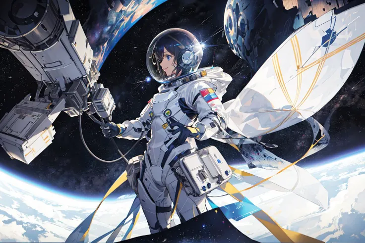 Masterpiece,hyper detail,authentic detail,official art,cinematic lighting,1girl,profile,from below,floating,helmet,space suit,reaching,blue eyes,shining eyes,light smile,(wide space:1.3),planet,(starry sky:1.2),detailed background,fractal art,