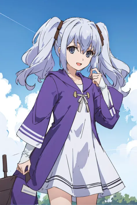 masterpiece, best quality, 1girl, solo,<lora:Nephren-000035:0.6>, looking at viewer, ribbon, hair between eyes, twintails, grey hair, hood, grey eyes, ^ ^, smile,:d, purple dress, standing, blue sky, white cloud, city, <lora:GoodHands-beta2:1>