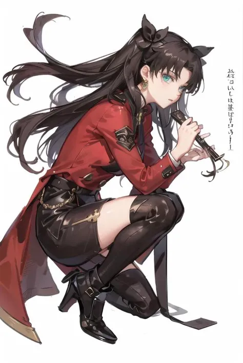 1girl, tohsaka-rin, Womens trench coat, catsuit, ribbed sweater, Knee-high boot, makeup, earrings,