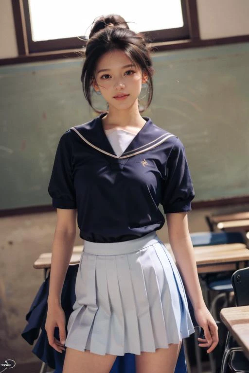 Best quality,masterpiece,ultra high res,(photorealistic:1.4),raw photo,(slender legs)(beautiful hands)(normal body shape),dynamic pose,1girl,cute,(white sailor school uniform,navy blue pleated skirt),smile,ponytail, classroom,deep shadow,low key,cold light...