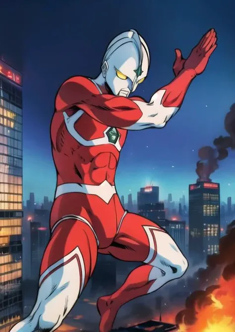 masterpiece, best quality,(realistic touch,burning city),<lora:UltramanJoneusV2:0.7>,ultraman,120m tall,metallic skin,fighting pose,<lora:GoodHands-vanilla:0.8> <lora:anmnr01:0.3> <lora:add_detail:0.5>