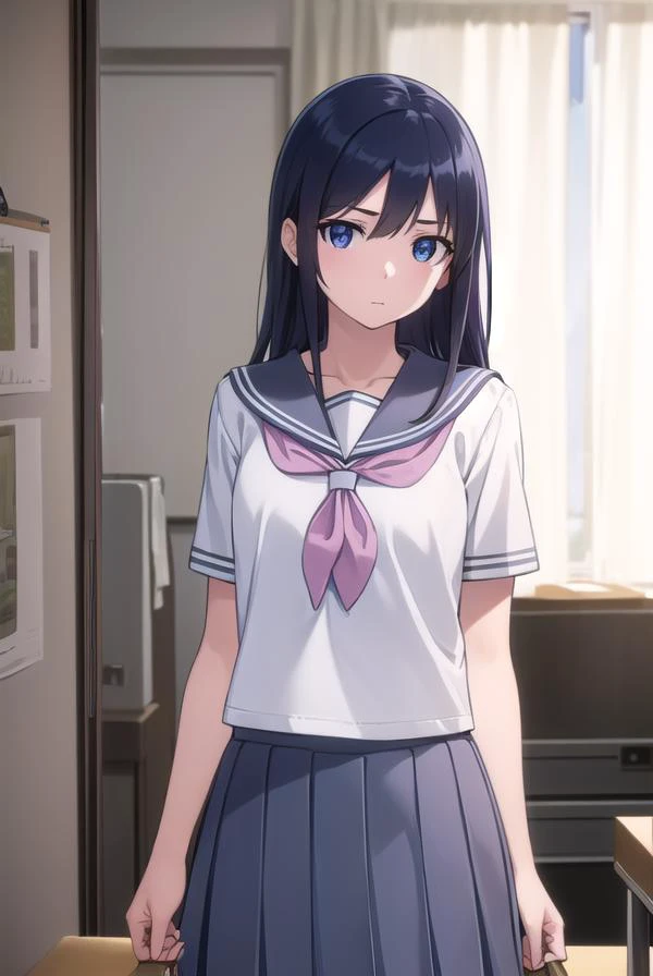 ayasearagaki, <lora:ayase aragaki s2-lora-nochekaiser:1>,
ayase aragaki, long hair, blue eyes, black hair, hair between eyes,
BREAK skirt, school uniform, serafuku, shirt, white shirt, grey sailor collar, grey skirt, pleated skirt, neckerchief, pink necker...