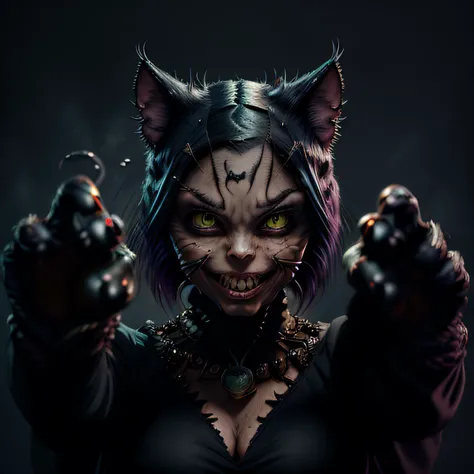 Fantz cartoon monster (cat woman), haunted forest, smile, detailed mouth, detailed eyes, detailed skin, high detail, dark studio, two tone lighting, <lora:Small_Mostersv2:1.2> <lora:epi_noiseoffset2:0.6>