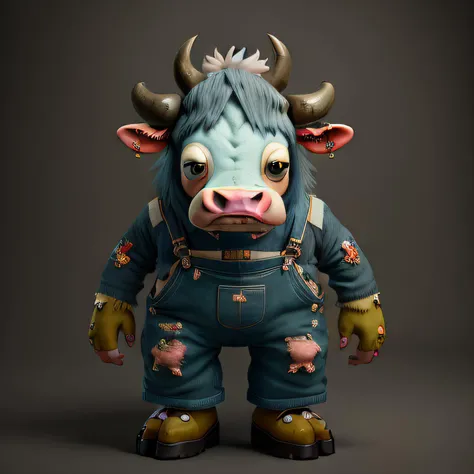 Fantz cartoon monster giant cow wearing overalls, high detail, <lora:Small_Mostersv2:1>