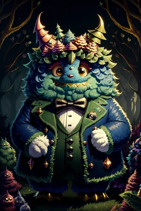 FANTZ MONSTER DESIGN,  <lora:funnyCreatures_v1:0.25> A super cute fluffy monster wearing a tuxedo, in a (dark forest:1.2) background in the style-sylvamagic, 8k, absurdres, high quality