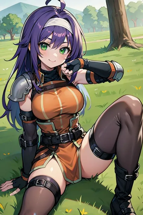 masterpiece, high quality, best quality, 1girl, solo, mia fe, purple hair, long hair, green eyes, hairband, hair intakes, ahoge, armor, black thighhighs, boots, arm strap, large breasts, elbow gloves, fingerless gloves, gloves, pauldrons, shoulder armor, s...