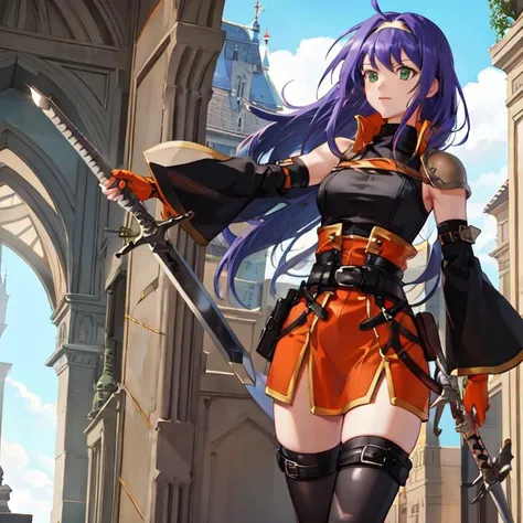 <lora:mia-fef> mia fe, 1girl, solo, sword, swordfighting, longsword, castle background, orange skirt, black undershirt, detached sleeves, black sleeves, thigh boots