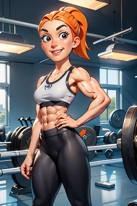 summer.smith, black eyes, orange hair, ponytail,muscular:1.2, white sports bra, midriff, abs, black leggings, looking at viewer, serious, grin, standing, hand on hip, inside gym, bright lighting, high quality, masterpiece, <lora:summer2:.6>