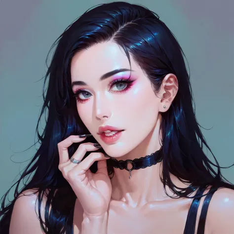 a woman with long black hair and a choker holding a cell phone