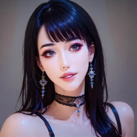 a close up of a woman with long black hair wearing a choker