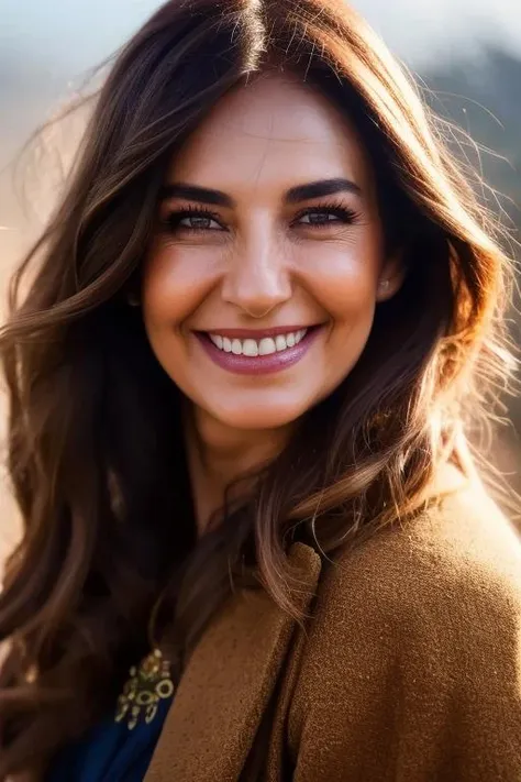 a woman with long hair smiling and wearing a brown coat