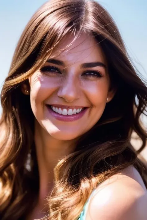 a close up of a woman with long hair smiling at the camera