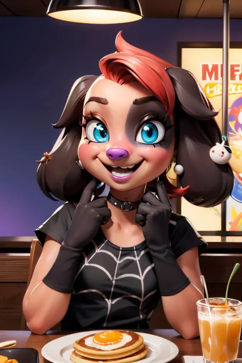 cherry, furry, dog, spider-web tee, red fur,black ears,ear piercings, choker, purple nose, paws, looking at viewer, smiling, teeth, upper body shot, sitting, behind a table, inside diner, table full of food, pancakes, eggs, syrup, neon lighting, high quali...