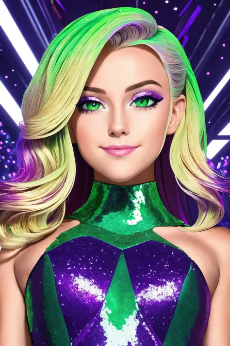 basety style, smile, 21 years young female, blond hair, closeup, standing,  sexy, portrait photo, 0rch1d34, long dress, iridescent, purple and green, strapless, glittery, shiny, , stilettos, best quality, high detail, high quality, high res, Dystopian futu...