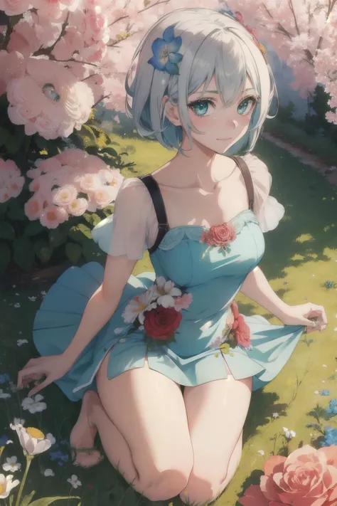 anime girl sitting in the grass with flowers and a blue dress