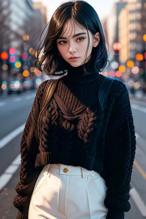 photo of black haired (DaphneDimakos:0.8), wearing (Cerulean knit sweater:1.3), high quality, masterpiece, 8K HDR, bokeh, sharp focus on subject, shadows, backlight, depth of field