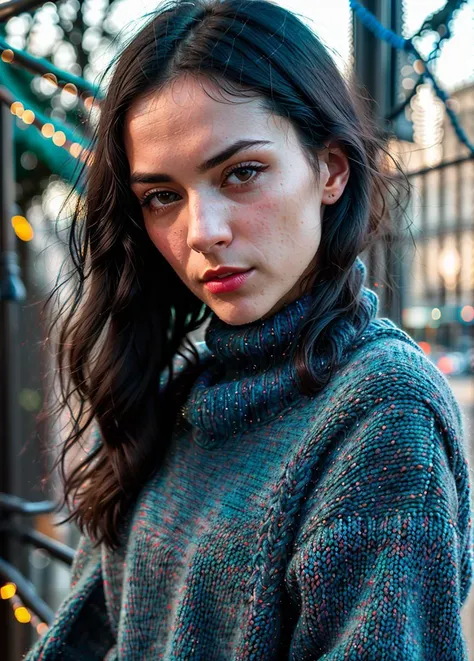 photo of black haired (DaphneDimakos:0.8), wearing (Cerulean knit sweater:1.3), high quality, masterpiece, 8K HDR, bokeh, sharp focus on subject, shadows, backlight, depth of field