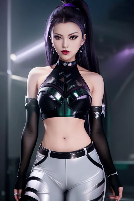 (k/da all out kaisa), league of legends, k/da (league of legends), 1girl, solo, cowboy shot, official alternate costume, black hair, multicolored hair, long hair, very long hair, ponytail, long ponytail, streaked hair, green hair, two-tone hair, purple eye...