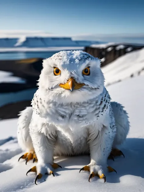 professional photo color photo of a snow ounce sitting straight on snow, look at viewer, sitting straight with head up, majesty, full body shot, ultra-detailed eyes, intricate details, detailed texture, light source contrast, dramatic shadows, Iceland in b...