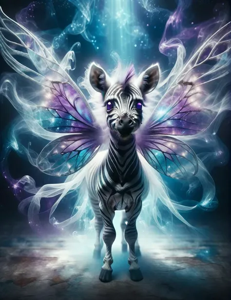 <lora:SDXLGhostStyle:1> GhostlyStyle, a fantasy hybrid creature, fairy baby zebra, symmetrical wings, nebula, sparkling colors, purple and blue, highly detailed, beautiful lighting, ethereal, mystical, 8k, vibrant colors, beautiful backlighting