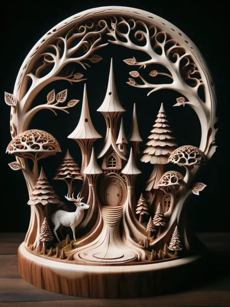 woodfigurez, A whimsical forest scene entirely in wood carving style, featuring animals, trees, and a hidden fairy village <lora:woodfigurez-sdxl:0.8>, dynamic, cinematic, masterpiece, intricate,ghostlystyle <lora:SDXLGhostStyle:0.65>