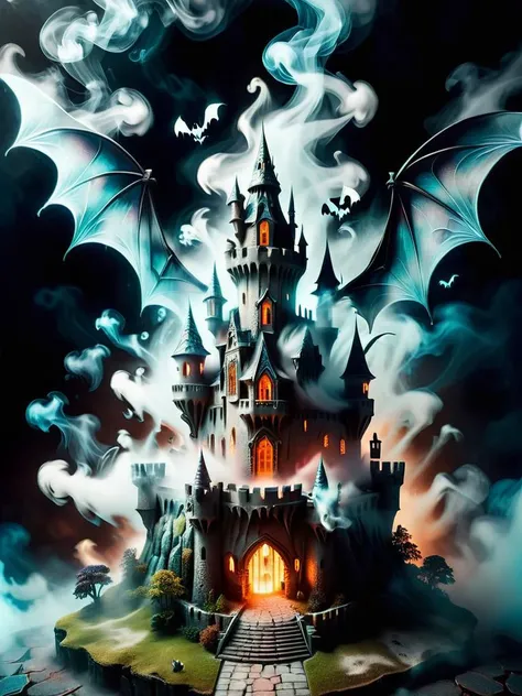 <lora:SDXLGhostStyle:0.6> GhostlyStyle, isometric old castle, digital art of an eerie and disturbing old castle, bats, smoke, Fantastic color background, volumetric light, Dynamic pose, clay motion, stop motion,  8k, extremely detailed, high quality, close...