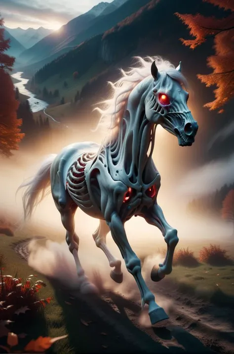 skeleton zombie horse galloping in the valley, autumn scenery, dusk, glowing red eyes, Fujifilm, (photorealistic), wide angle, highest quality, action shot, cinematic, extremely detailed, 
 <lora:SDXLGhostStyle:0.6>, GhostlyStyle