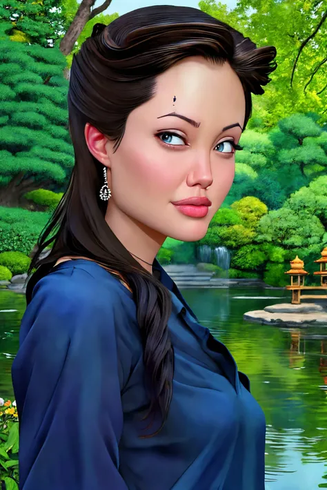 Angelina Jolie closeup, 2000s,  cute,  closeup, upper body, 
ivan kovalev style,digital art,
unappetizing,
Blue shirt, 
 highres, detailed, , 
Traditional Japanese garden and serene pond at the background, best quality, masterpiece,   
<lora:Angelina:0.90>