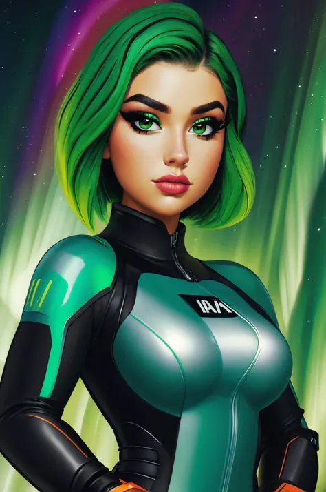 dianna livy standing close up, middle shot, upper body, young, makeup, shocked,
beautiful face, masterpiece, highres, cartoon, pixar, drawing,
bikesuit, (green hair:0.8),
Arctic tundra and northern lights display
<lora:dianna_livy:0.80>