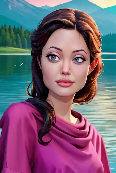 Angelina Jolie closeup, ,  gorgeous,  closeup, upper body, 
jiri tulach style,macro photography,
stone,
Magenta modest dress, 
 highres, detailed, , 
Serene fishing lake and early morning at the background, best quality, masterpiece,   
<lora:Angelina:0.65...